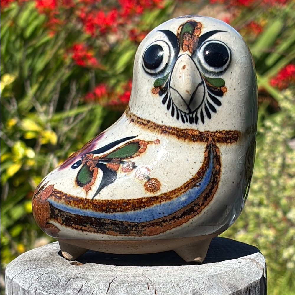 Vintage Tonala Mexican Folk Art Pottery Owl Figurine